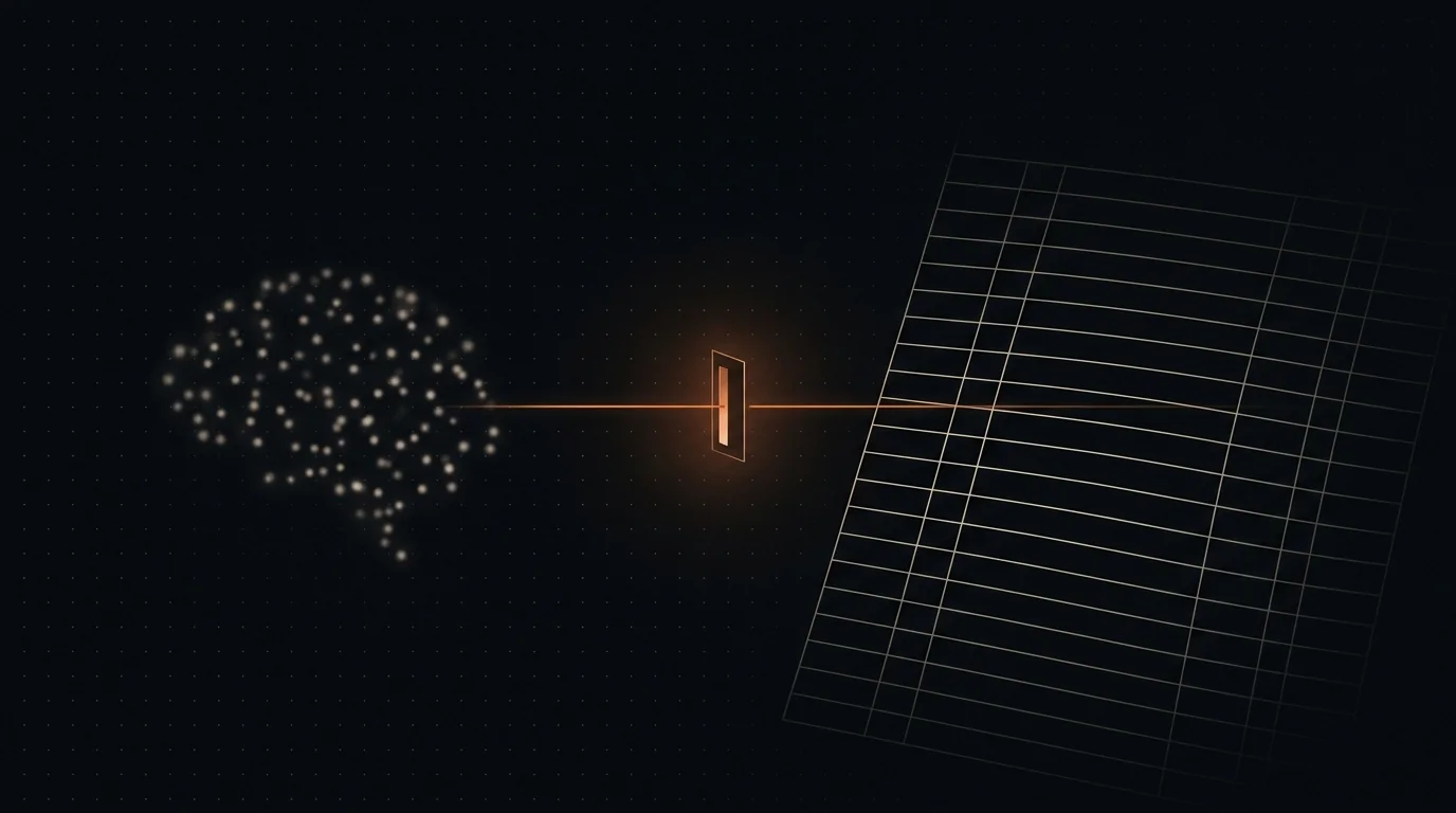 A brain drawn in glowing points on the left joined to a ruled accounting ledger on the right by a single ember-orange line that passes through one narrow, lit gate.