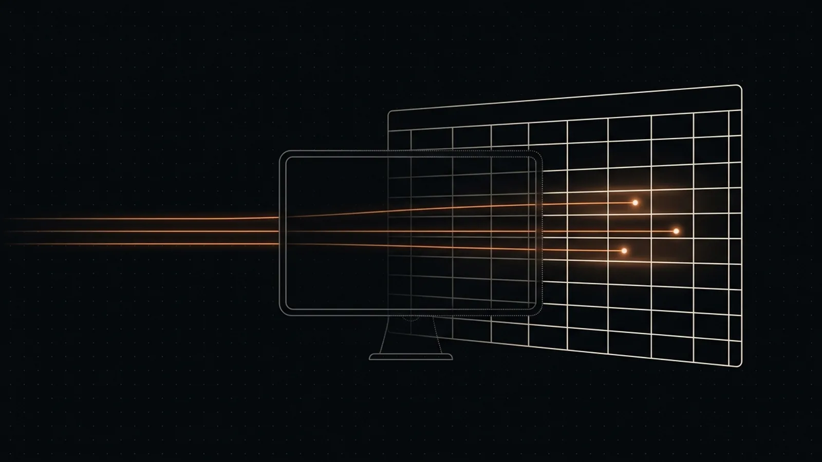 A glowing ledger grid with thin orange lines feeding into its side, while an empty screen frame in front of it fades away